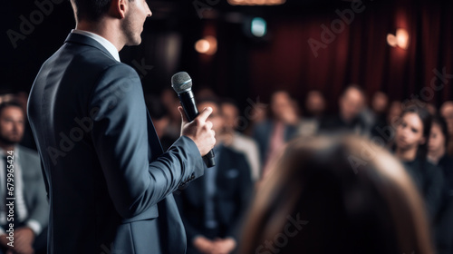 Motivational speaker with headset performing on stage with microphone in haand, back view photo