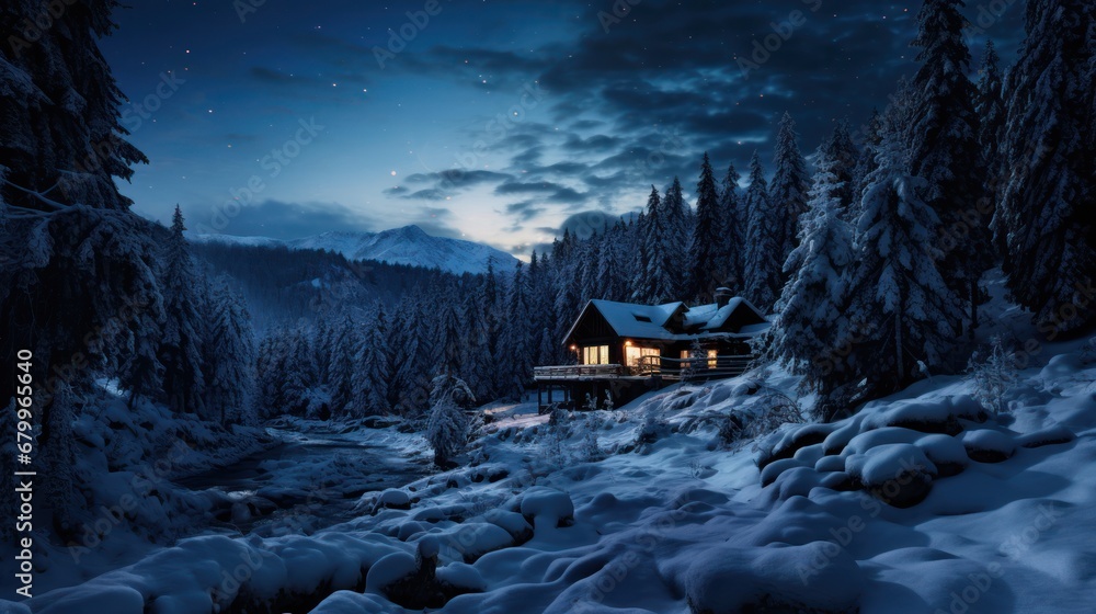 Fototapeta premium Beautiful winter landscape with wooden house in the mountains at night.
