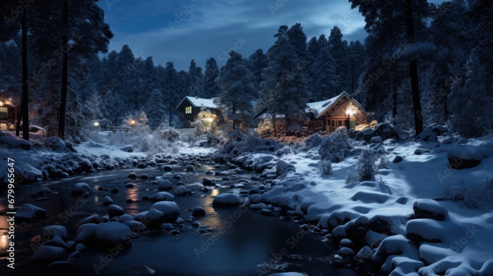 Beautiful winter landscape with wooden house in the mountains at night.