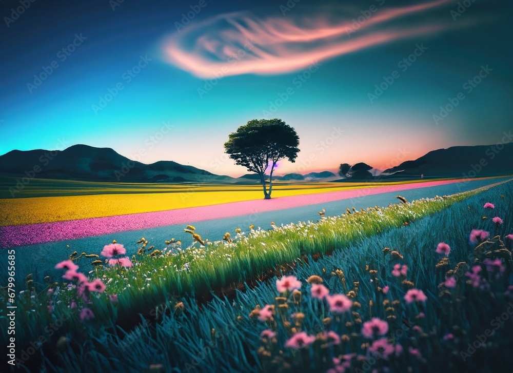 meadow with wide grass and blue sky, flower garden with blue sky, hill with flower garden, hill with meadow, hills with meadow and flower garden, hills, meadow, flower garden, twilight sky