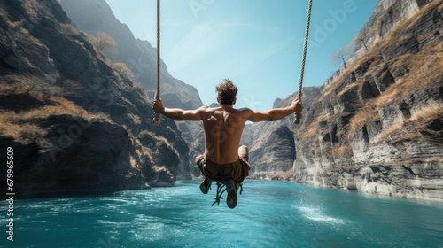 Photographie man swinging between blue waters of a canyon