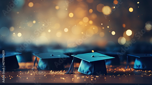Graduation celebration background with dark blue and gold blur bokeh 