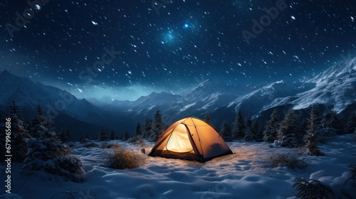 tent lit up in the snow with stars in the sky