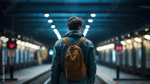 Back view of a young man standing on the railway station platform with a backpack. photo