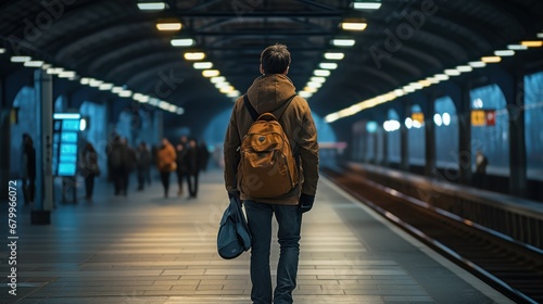 backpack-wearing young man is standing on the railway station platform, seen from behind. photo