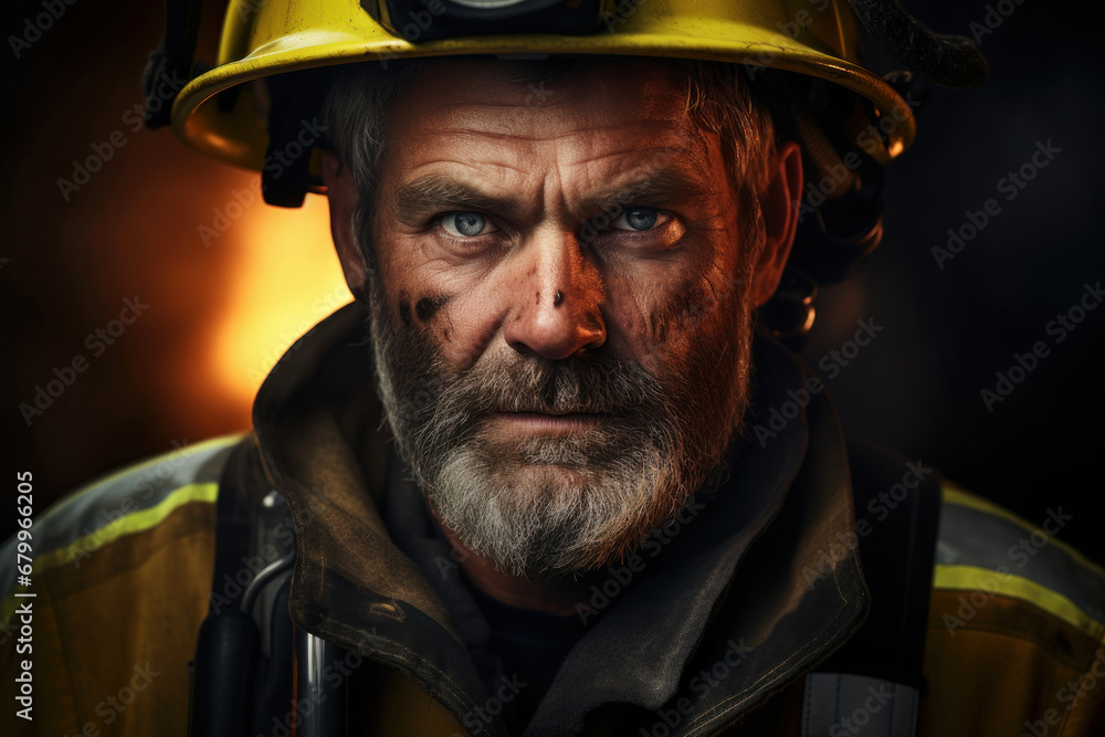 Firefighter with helmet portrait on dark backgraund. Proffesion concept Firefighter with helmet portrait on dark backgraund. Proffesion concept