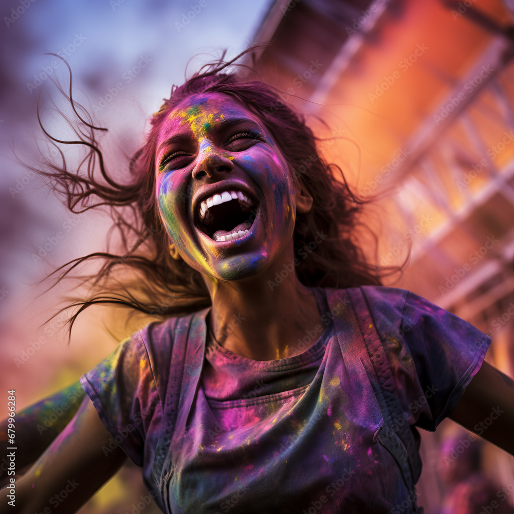 young girl celebrating the colorful Holi festival very significant for Hindu people, It celebrates the eternal and divine love of the deities Radha and Krishna