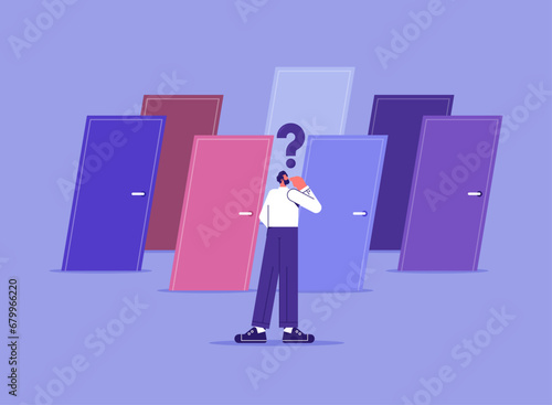 Business decision making, career path, work direction or choose the right way to success concept, businessman standing in front of multiple colorful doors and finding right way