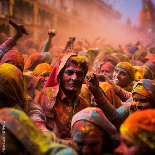people celebrating the colorful Holi festival very significant for Hindu people, It celebrates the eternal and divine love of the deities Radha and Krishna