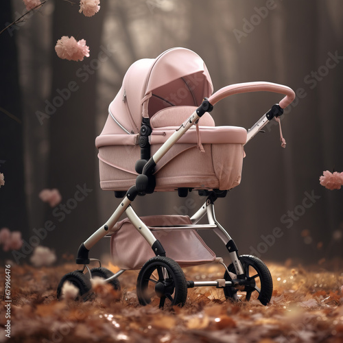 close up of a cute pink stroller in the park, autumn colors, on the city streets, newborn cot  photo