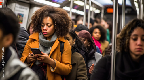 a woman using her smartphone on her way to work inside subway commute