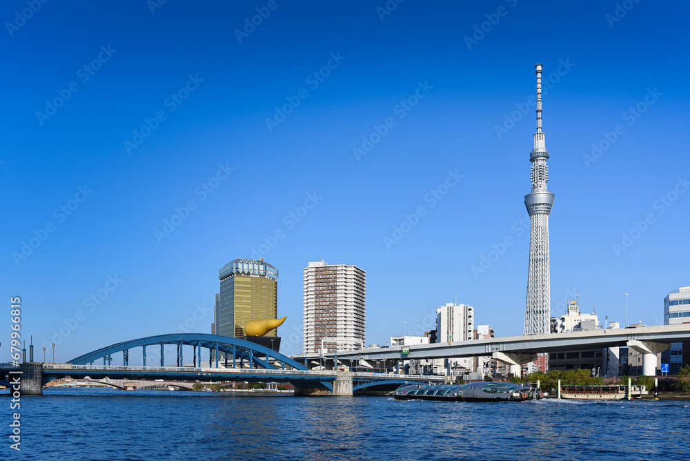 Tokyo Sky Tree from beside the river in the afternoon, Japan.