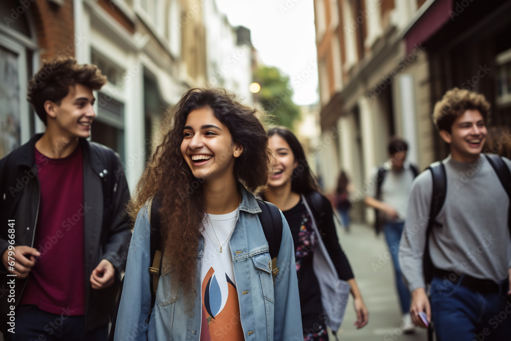 Fototapeta premium Group of cheerful multiracial people together near university building outdoors