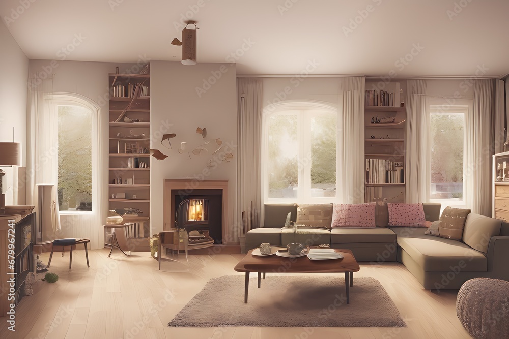 Wooden living room with magnificent fireplace and plants with stunning lighting Wooden living room with magnificent fireplace and plants with stunning lighting