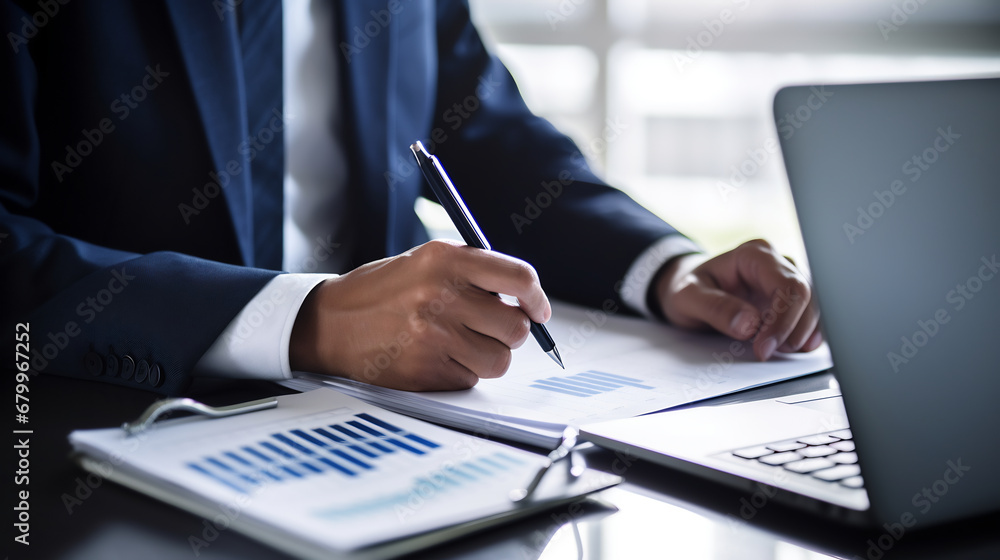 Close up hands of businessman holds pen to writing and analyze the graph of the company's performance to create profits and growth