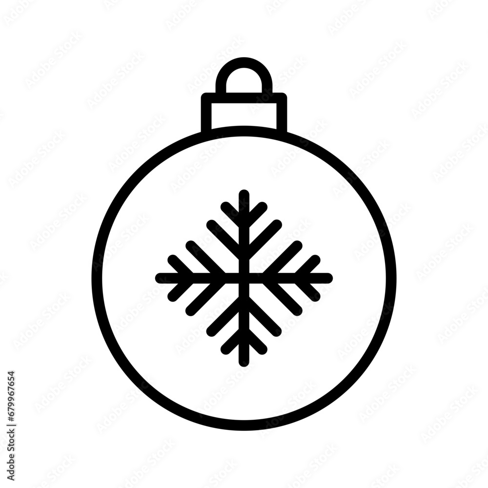 Fototapeta premium Black single round Christmas ball line icon, with pattern, simple holiday decoration flat design pictogram, infographic vector for app logo web button ui ux interface isolated on white background