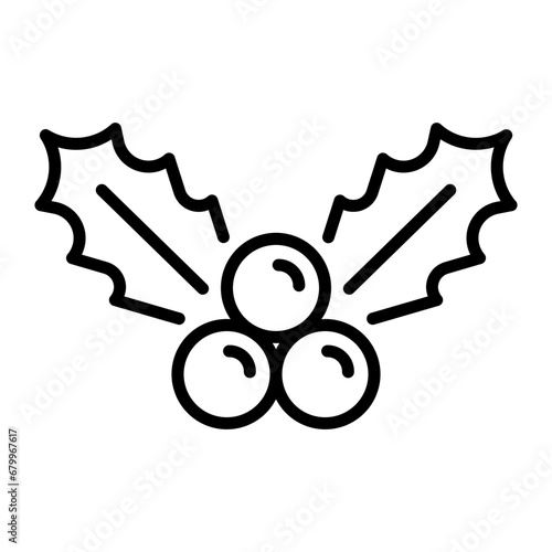 Black single Christmas holly line icon, simple holiday branch plant flat design pictogram, infographic vector for app logo web button ui ux interface element isolated on white background