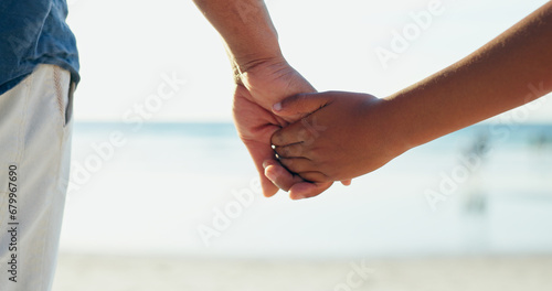 Man, child or holding hands for love, care or bonding together as happy family on summer vacation. Commitment, father or kid with support relationship on holiday, weekend leisure or calm in mockup