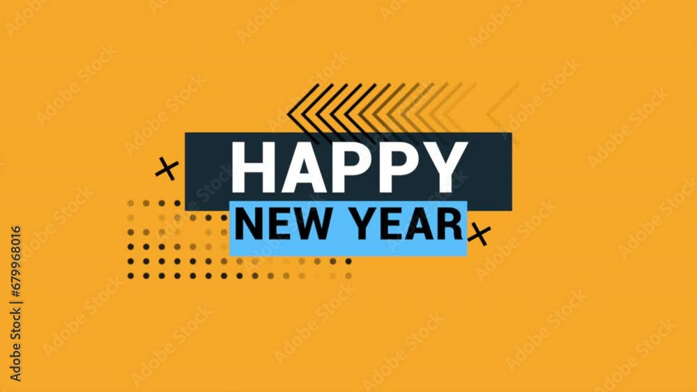 Modern Happy New Year text with geometric pattern on yellow gradient, motion abstract winter holidays, minimalism and promo style background