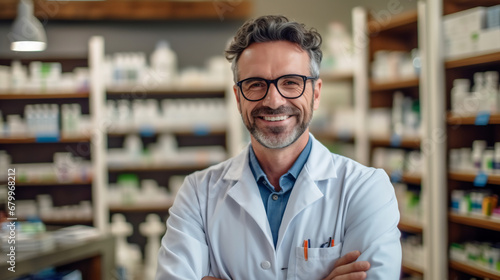 Portrait of mature male pharmacist standing in in modern pharmacy, senior man pharmacist wearing glasses, crosses arms and looking at camera smiling