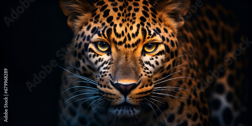 A leopard with yellow eyes is shown in a dark background. Midnight Panther  Elegance and Power in the Shadow 