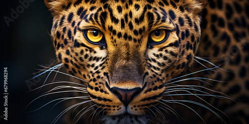 A leopard with a yellow eyes and a black background. Silent Stalker Black-background Leopard with Fiery Eyes 