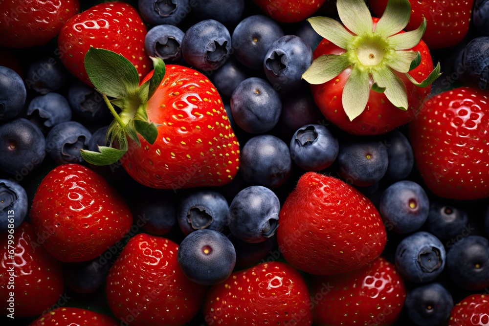 Strawberries and blueberries on a dark background close-up, strawberries and blueberries HD 8K wallpaper Stock Photographic Image, AI Generated Strawberries and blueberries on a dark background close-up, strawberries and blueberries HD 8K wallpaper Stock Photographic Image, AI Generated