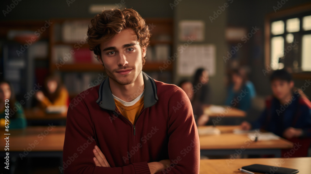 Happy student taking notes while studying in high school. Satisfied young man looking at camera while sitting at desk in classroom. Happy student taking notes while studying in high school. Satisfied young man looking at camera while sitting at desk in classroom.