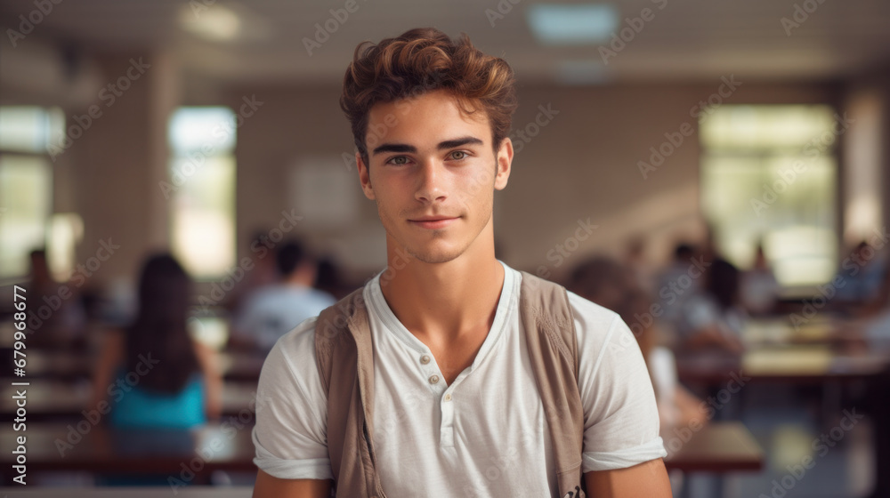 Happy student taking notes while studying in high school. Satisfied young man looking at camera while sitting at desk in classroom. Happy student taking notes while studying in high school. Satisfied young man looking at camera while sitting at desk in classroom.