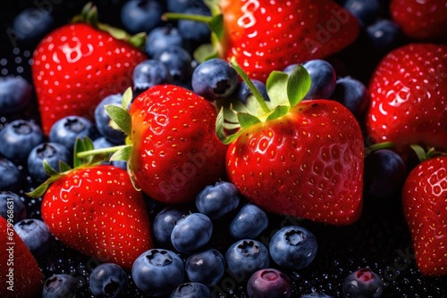 Strawberries and blueberries on a dark background. Selective focus  strawberries and blueberries HD 8K wallpaper Stock Photographic Image  AI Generated