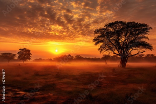 Landscape of african savanna at sunrise with tree and fog, Sunrise over the savanna and grass fields in central Kruger National Park in South Africa, AI Generated