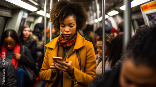 a woman using her smartphone on her way to work inside subway commute