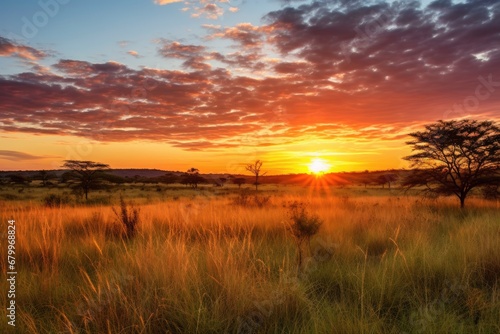 Sunset in the Okavango Delta - Moremi National Park in Botswana, Sunrise over the savanna and grass fields in central Kruger National Park in South Africa, AI Generated