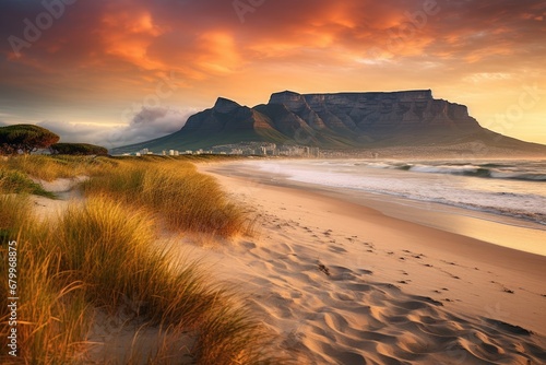 Sunset over Table Mountain in Cape Town, South Africa, Africa, Sunset Beach near Cape Town. View to Table Mountain, AI Generated photo