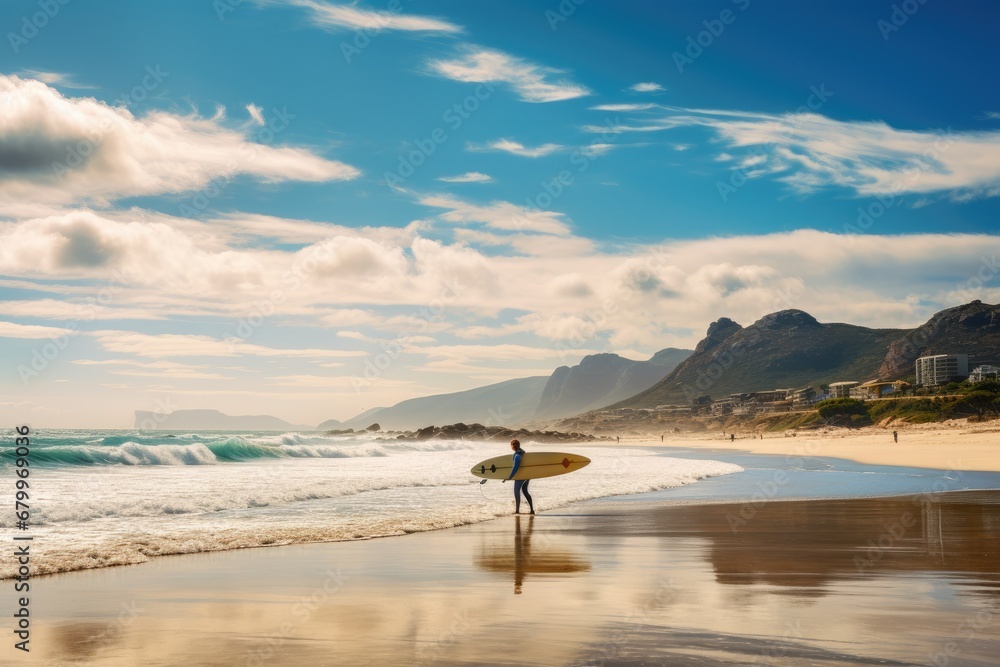 Surfer with surfboard on the beach at sunset, Cape Town, South Africa, Surfer at Llandudno beach in Cape Town, South Africa, AI Generated