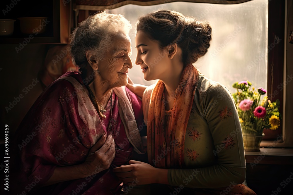 Portrait of a happy senior woman with her adult daughter at home, Sweet moment of expressing love between retired mother and her loving daughter wearing matching attire at home, AI Generated Portrait of a happy senior woman with her adult daughter at home, Sweet moment of expressing love between retired mother and her loving daughter wearing matching attire at home, AI Generated