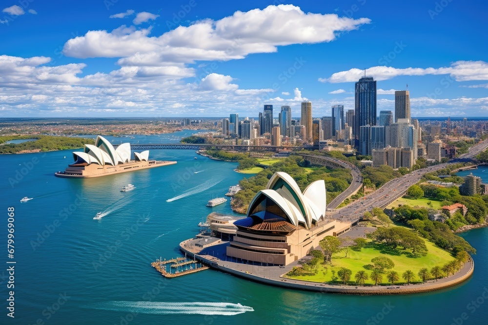 Obraz premium Panoramic view of Sydney Opera House, Sydney, Australia. Landscape aerial view of Sydney Opera house near Sydney business center around the harbour, AI Generated