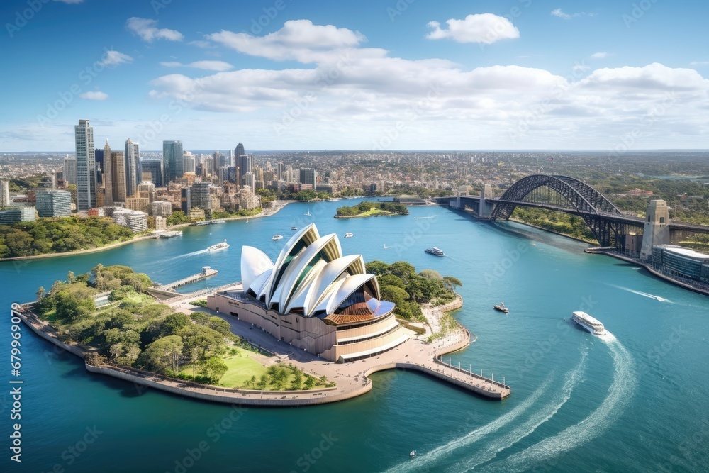 Obraz premium Sydney Opera House and Sydney Harbour Bridge in a beautiful summer day, Australia, Sydney, Australia. Landscape aerial view of Sydney Opera house near Sydney business center around the, AI Generated