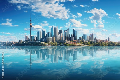 Wallpaper Mural Shanghai skyline reflected in Huangpu river, China. Shanghai is the capital of China, Sydney City panoramic view. Australia, July. Skyscrapers reflected in the water, AI Generated Torontodigital.ca