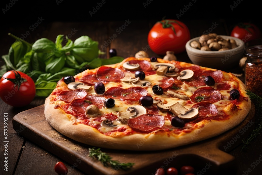 Pizza with salami, mushrooms and olives on wooden background, Tasty pepperoni pizza with mushrooms and olives with Copy space, AI Generated