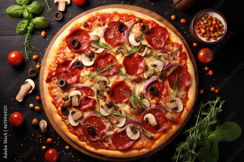 Pizza with salami, mushrooms and olives on black background, Tasty pepperoni pizza with mushrooms and olives with Copy space, AI Generated