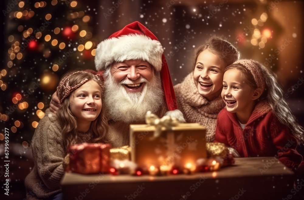 Portrait of happy Santa Claus and his little daughters with gifts Portrait of happy Santa Claus and his little daughters with gifts