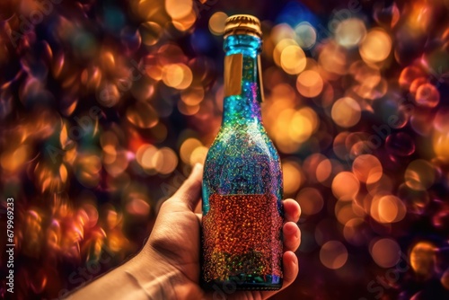 close-up of Colorful wine bottle glass on bokeh background.