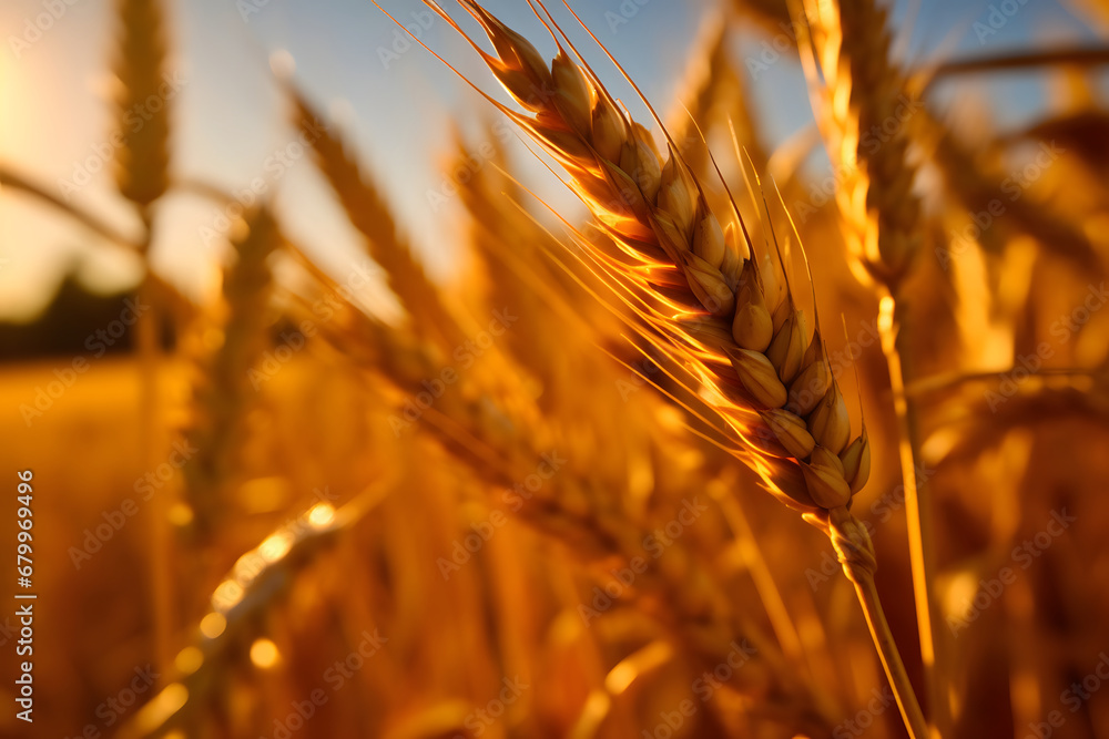 Close up beautiful ears of golden wheat field in summer day. Background of ripening ears of meadow wheat field. Harvest concept. Agriculture concept.