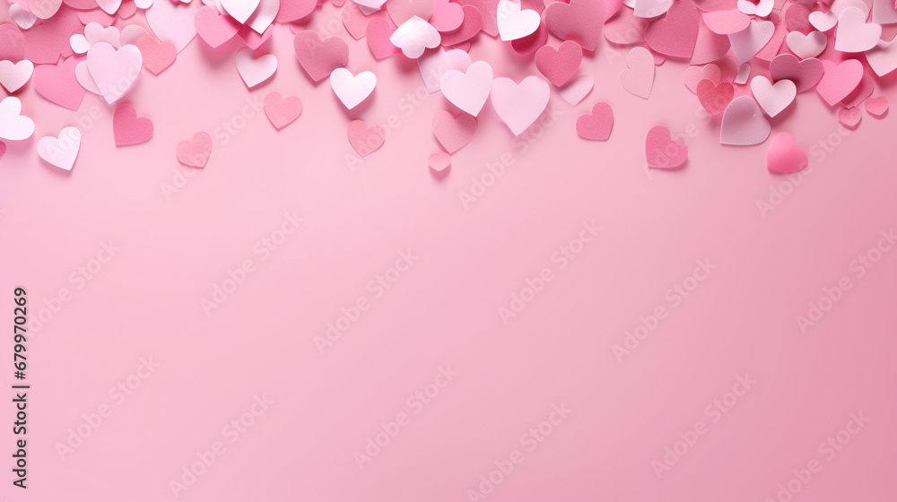 pastel pink paper cutout full of small heart with pink background. Banner background..