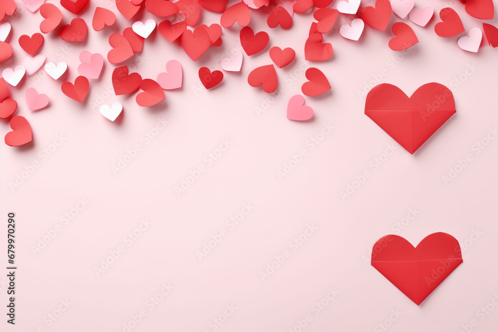 Red and pink paper cutout full of small heart with pink background. Banner background.