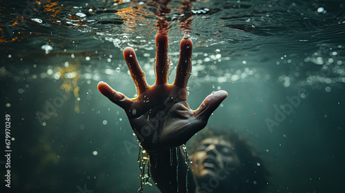 Black African American man hand drowns underwater in river