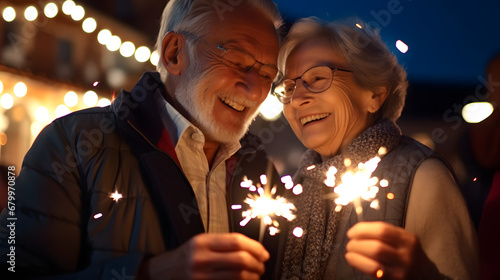 Portrait of happy senior couple burning sparklers celebrating the new year together, New Year, Christmas, anniversary, holiday concept.