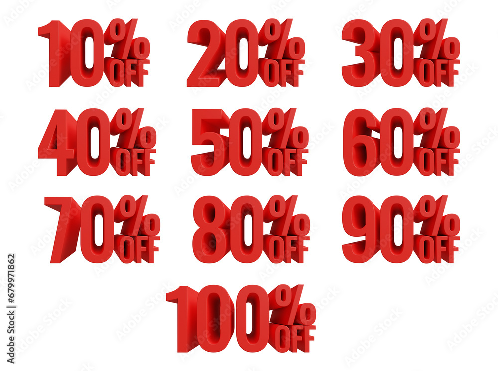3D set of discount numbers. Discount price badge. Sale tags, Sticker, clearance sale. 10, 20, 30, 40, 50, 60, 70, 80, 90, 100 precent off 3d numbers. 3d illustration 3D set of discount numbers. Discount price badge. Sale tags, Sticker, clearance sale. 10, 20, 30, 40, 50, 60, 70, 80, 90, 100 precent off 3d numbers. 3d illustration