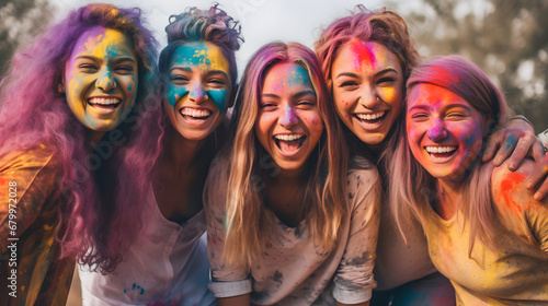 Multiethnic group of young cheerful friends playing with colorful holi powder celebrating summer festival at park